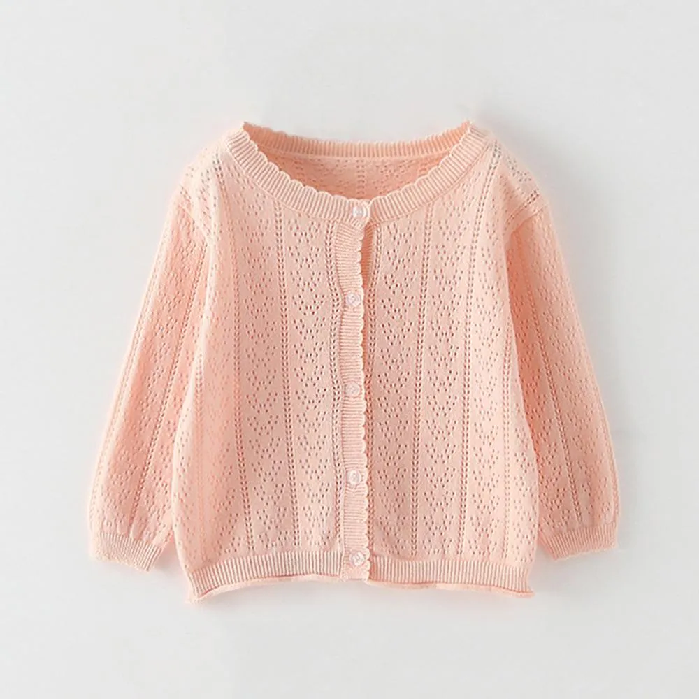 Girls Solid Hollow Out Long Sleeve Casual Cardigan Sweaters