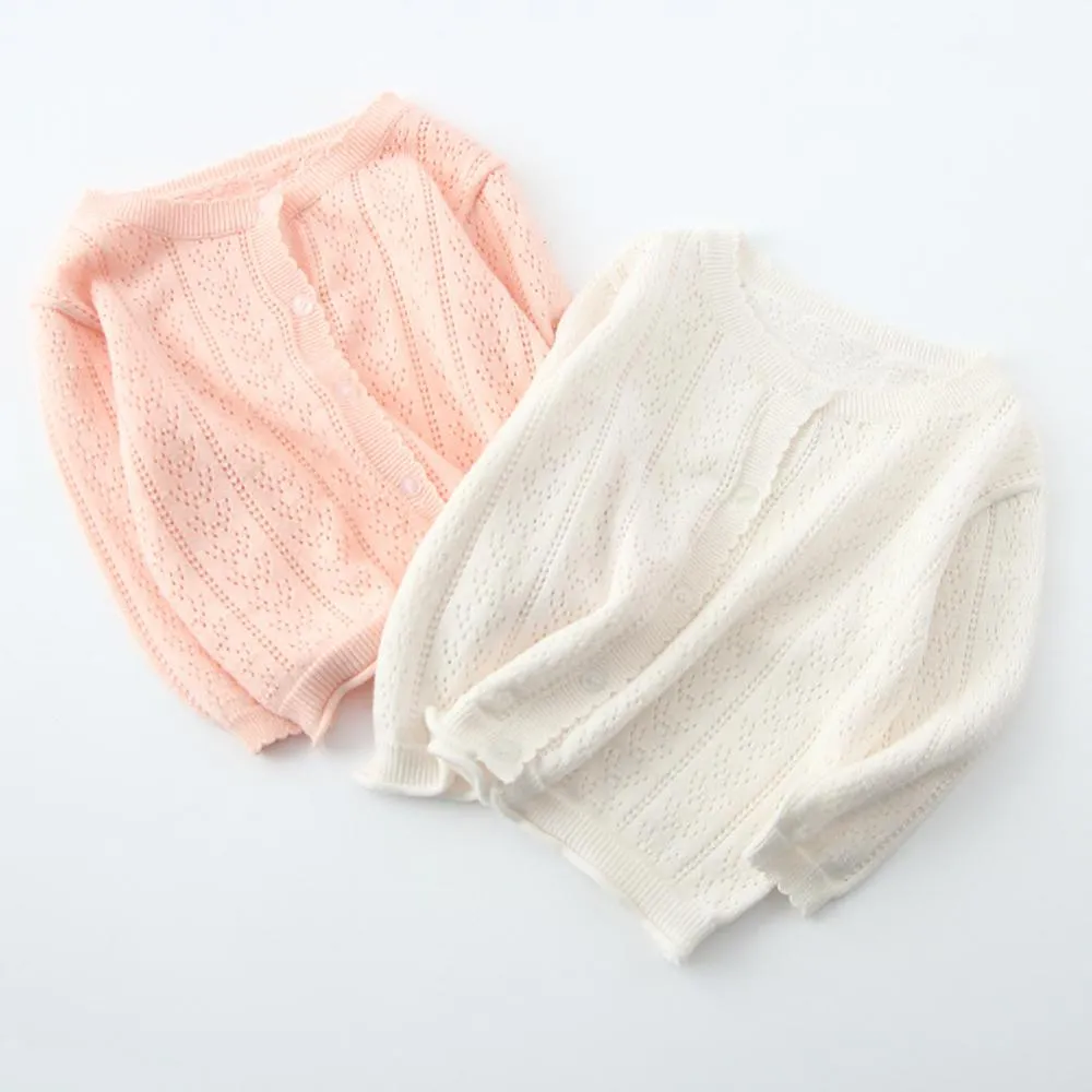Girls Solid Hollow Out Long Sleeve Casual Cardigan Sweaters