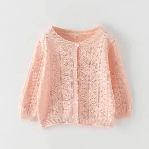 Girls Solid Hollow Out Long Sleeve Casual Cardigan Sweaters
