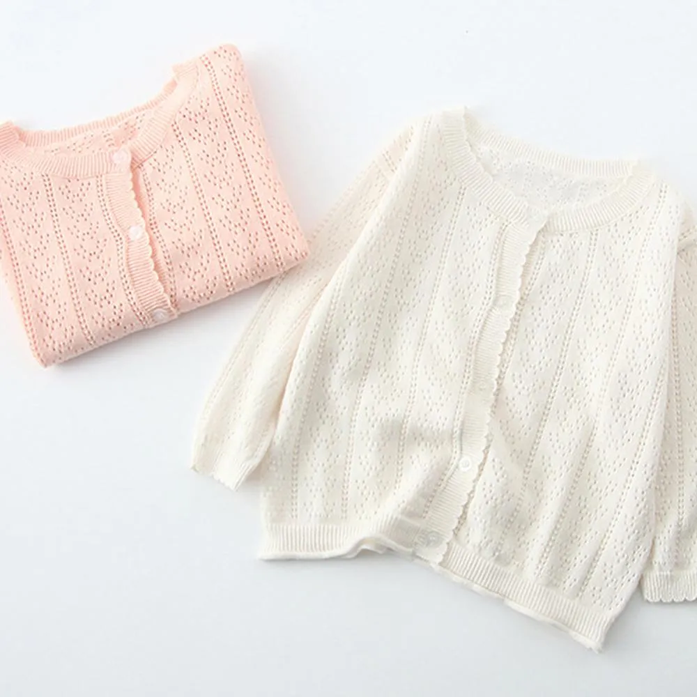 Girls Solid Hollow Out Long Sleeve Casual Cardigan Sweaters