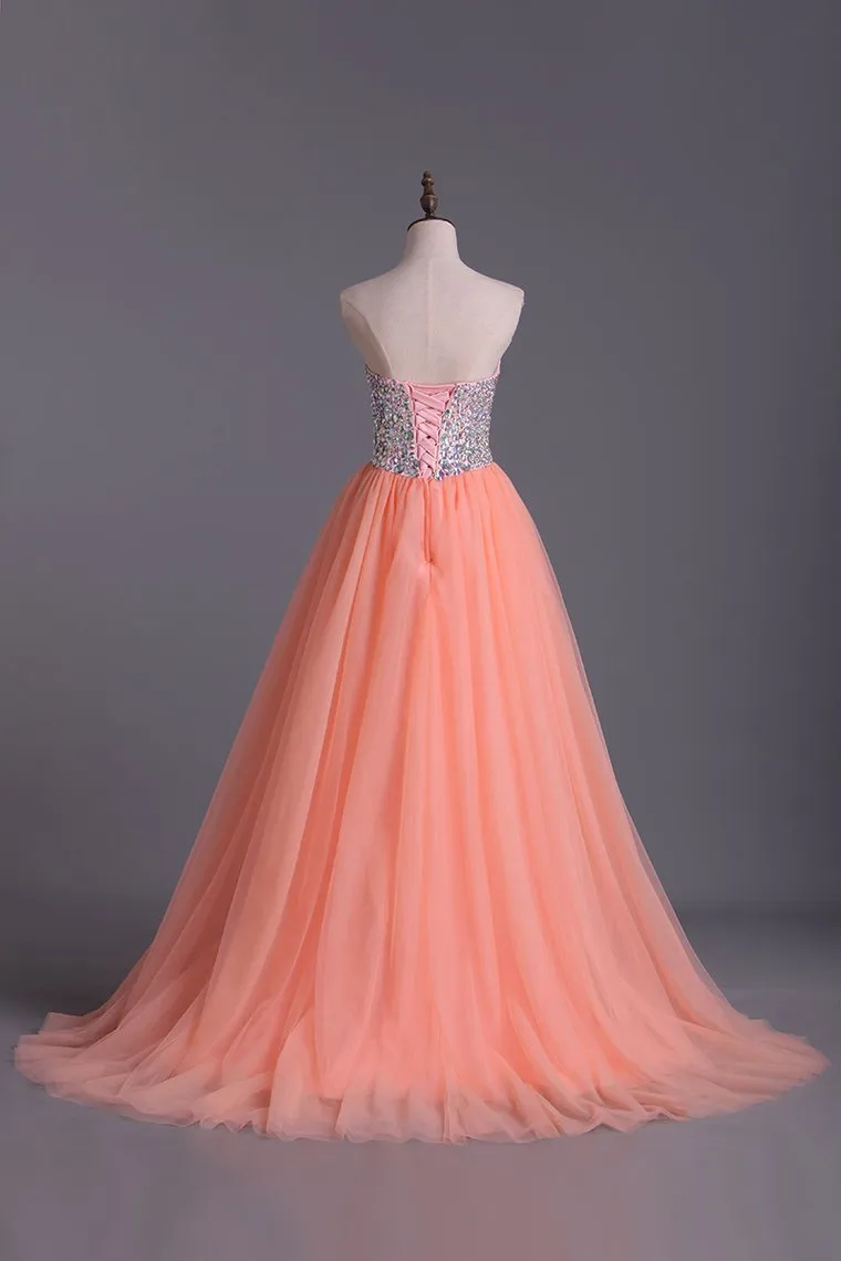 Glistening Sweetheart Prom Dresses Beaded With Shiny Rhinestone Tulle