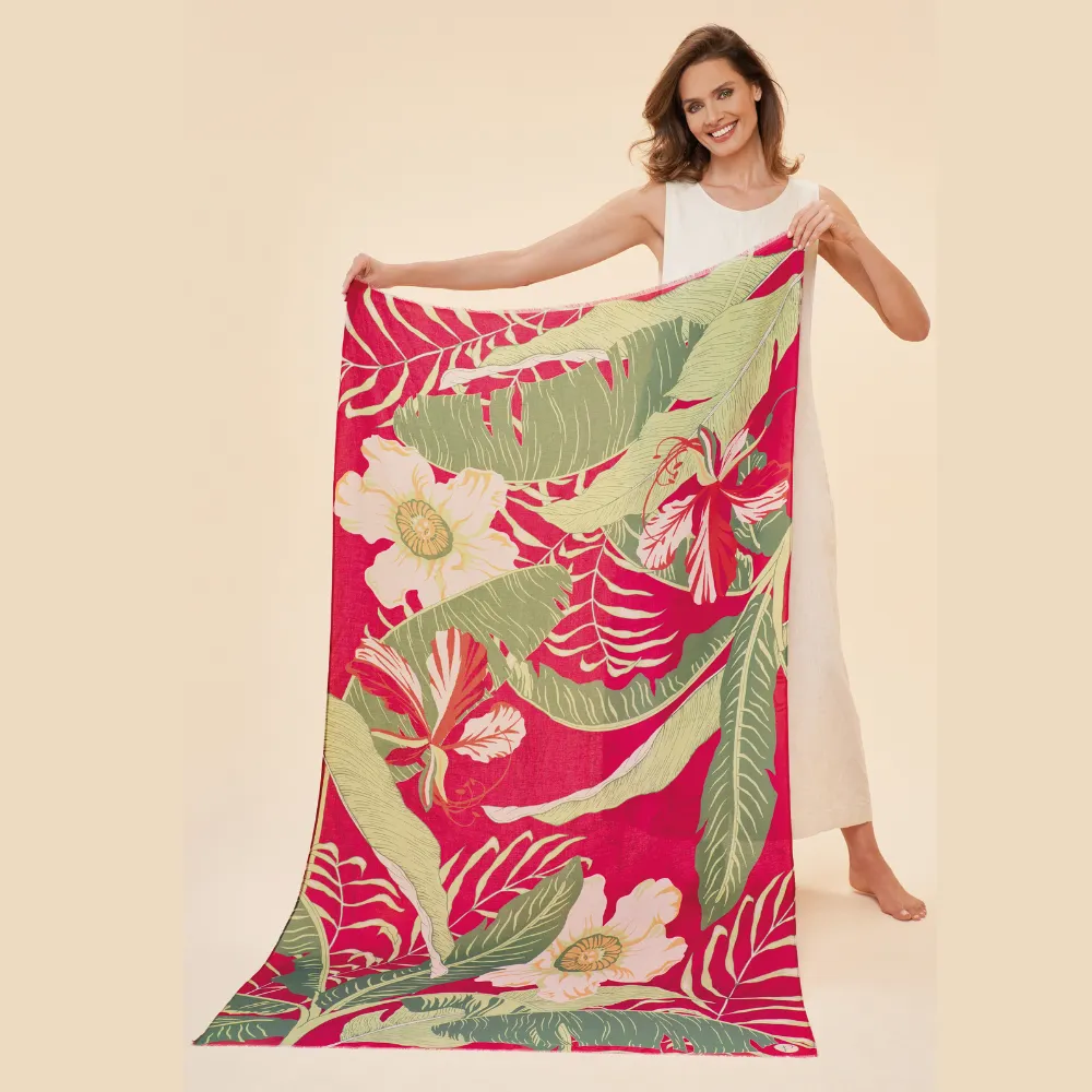 Ladies Delicate Tropical Dark Rose Printed Scarf By Powder Design SS24