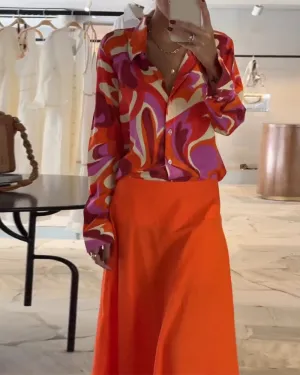 Lapel Colorful Printed Blouse with Buttons