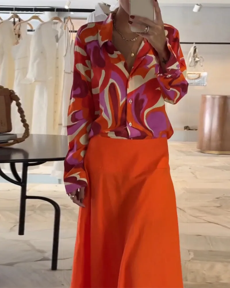 Lapel Colorful Printed Blouse with Buttons