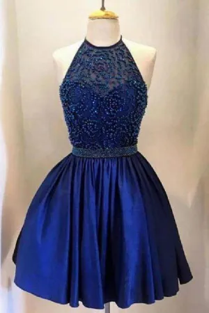 Luxurious Backless Beaded Homecoming Dresses Royal Blue Tess Halter HH110