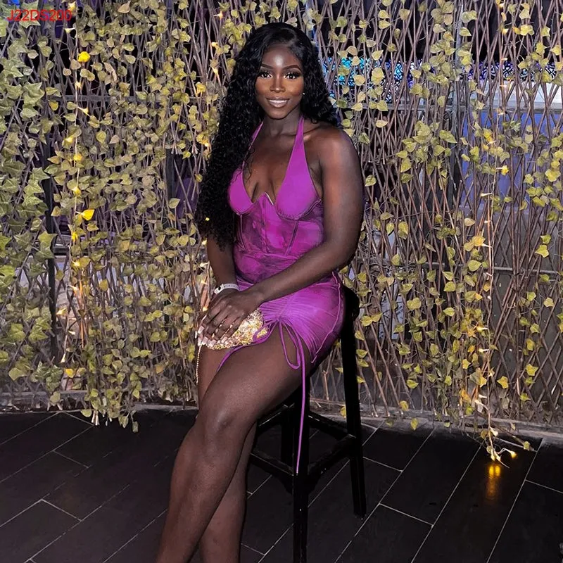 Luxurious Halter Pleated Mini purple assemble
