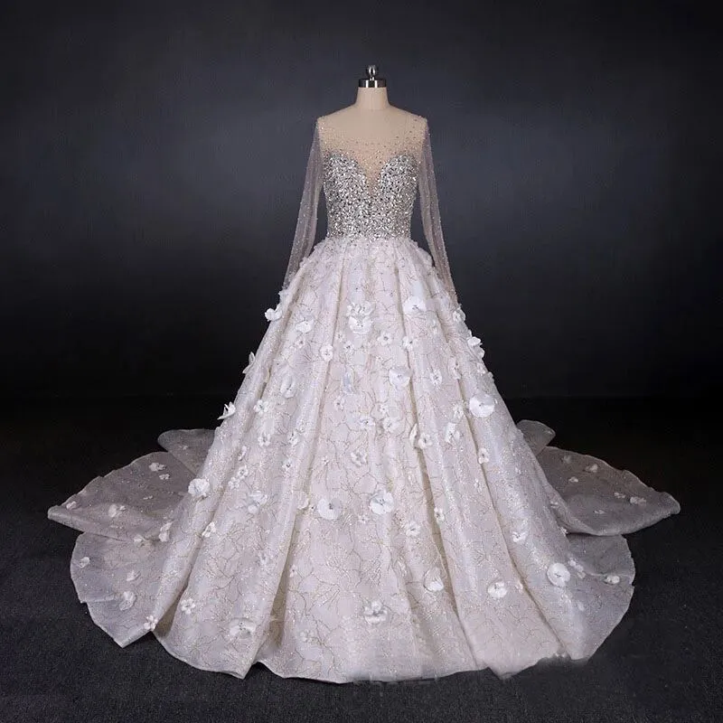 Luxurious Long Sleeves Flowers Ball Gown Wedding Dress, Bridal Dresses PFW0417