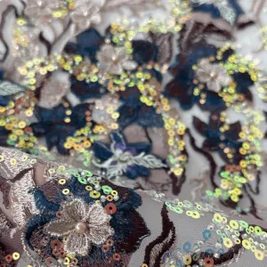 Luxurious Navy Embroidered Sequin Floral Tulle Fabric