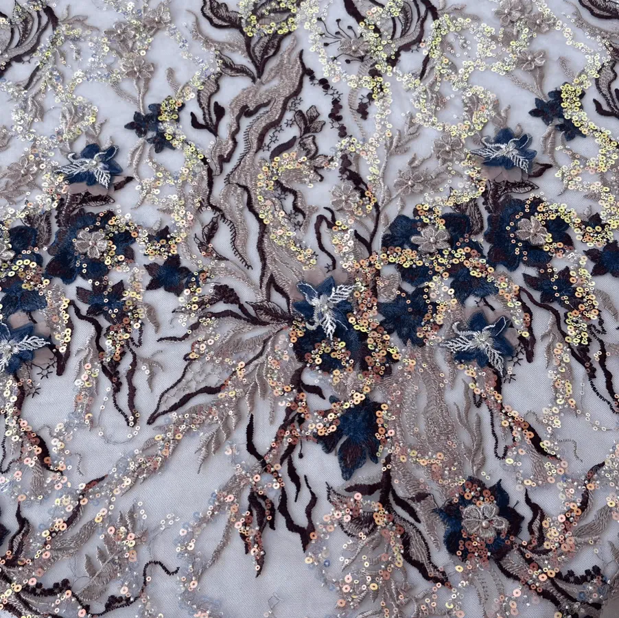 Luxurious Navy Embroidered Sequin Floral Tulle Fabric