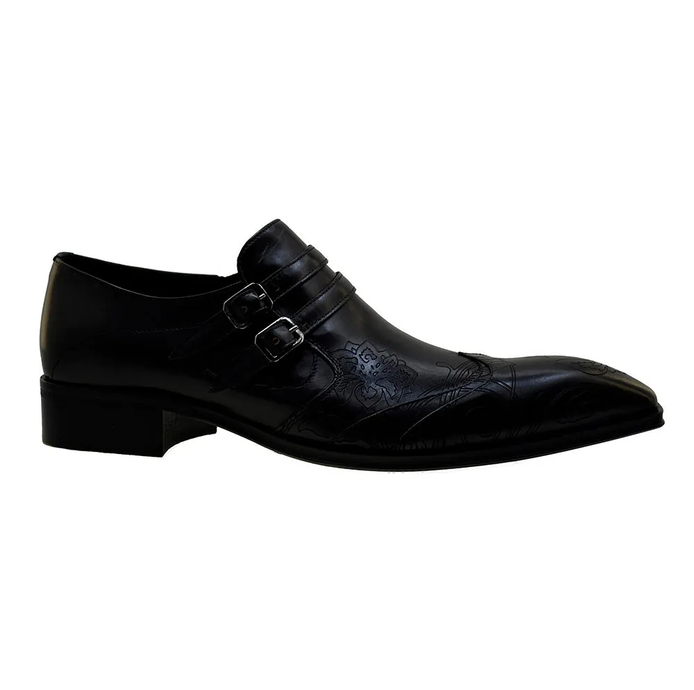 Men's Italian Shoes Jo Ghost 4952 Black Leather Embroidery Buckle Shoes