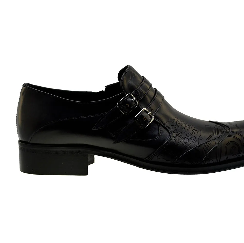 Men's Italian Shoes Jo Ghost 4952 Black Leather Embroidery Buckle Shoes