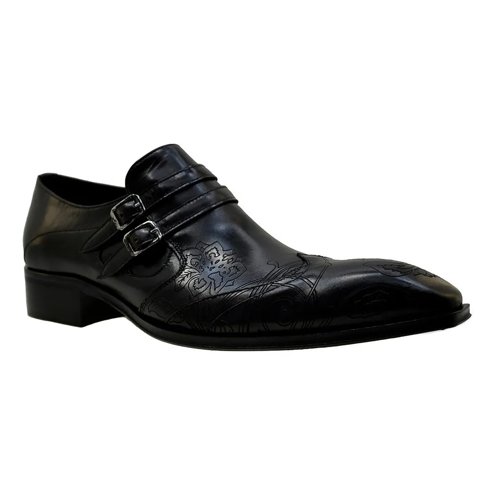 Men's Italian Shoes Jo Ghost 4952 Black Leather Embroidery Buckle Shoes