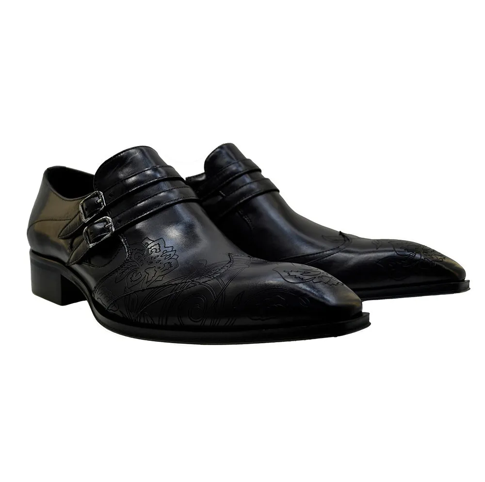Men's Italian Shoes Jo Ghost 4952 Black Leather Embroidery Buckle Shoes