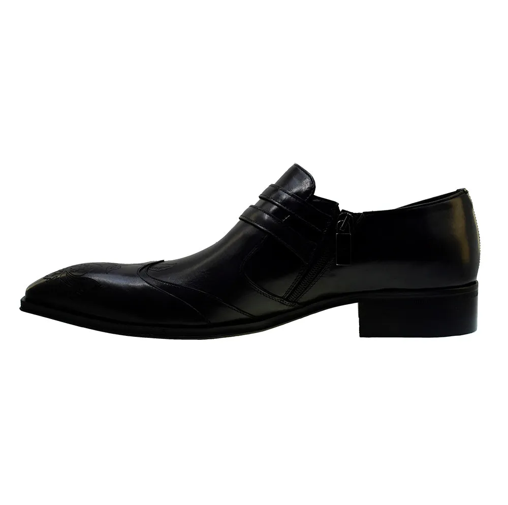 Men's Italian Shoes Jo Ghost 4952 Black Leather Embroidery Buckle Shoes