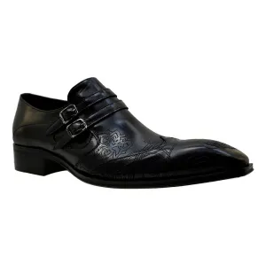 Men's Italian Shoes Jo Ghost 4952 Black Leather Embroidery Buckle Shoes