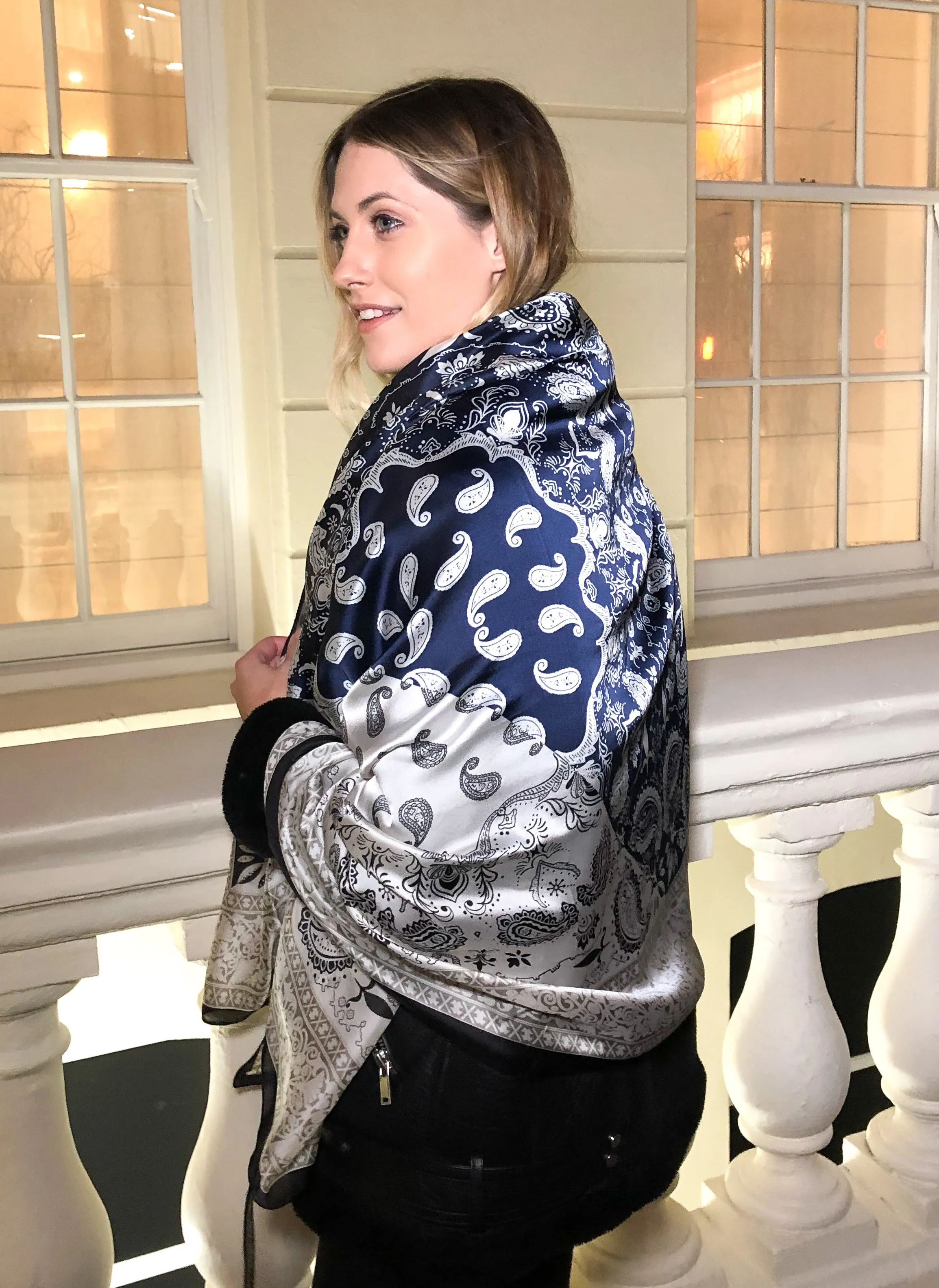 Navy Blue Ivory Paisley Silk Scarf