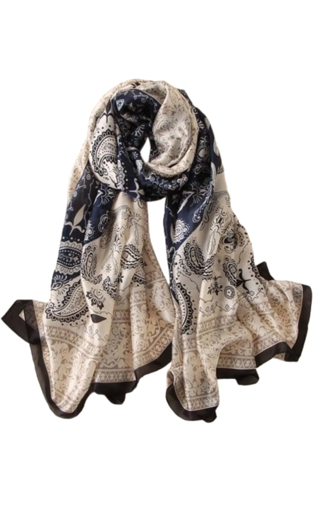 Navy Blue Ivory Paisley Silk Scarf
