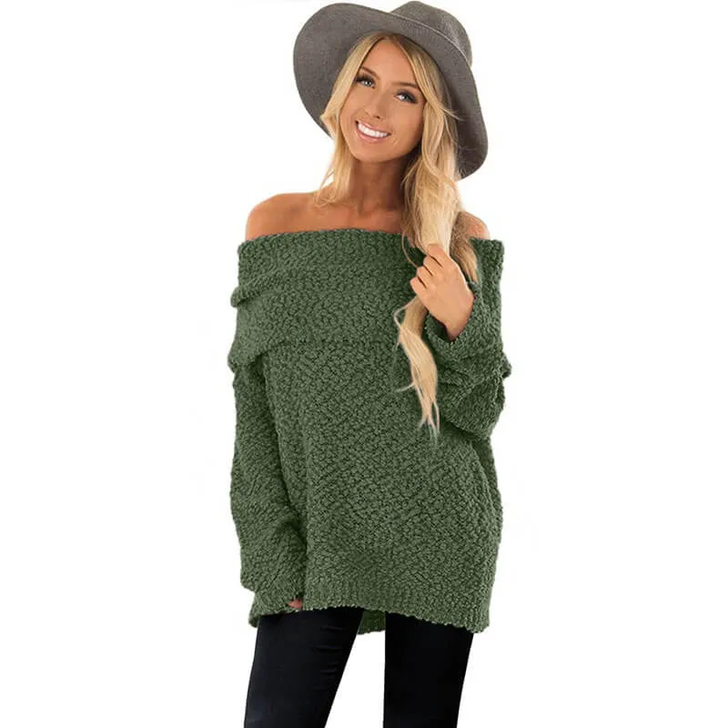 Off-Shoulder Fuzzy Pure Color Sweater