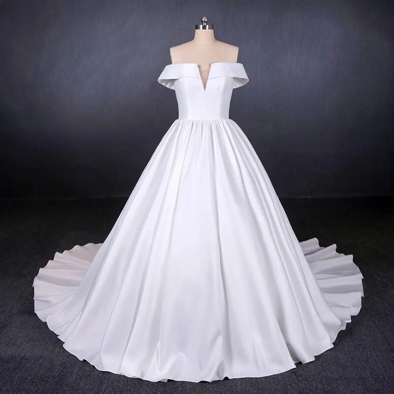 Off the Shoulder White Ball Gown Simple Wedding Dress, Satin Bridal Gown PFW0420