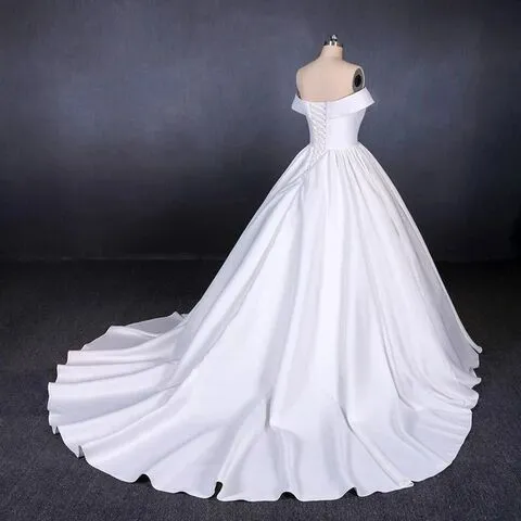 Off the Shoulder White Ball Gown Simple Wedding Dress, Satin Bridal Gown PFW0420