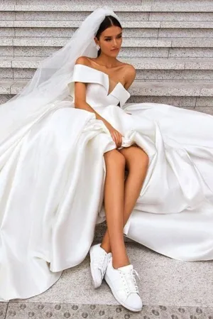 Off the Shoulder White Ball Gown Simple Wedding Dress, Satin Bridal Gown PFW0420