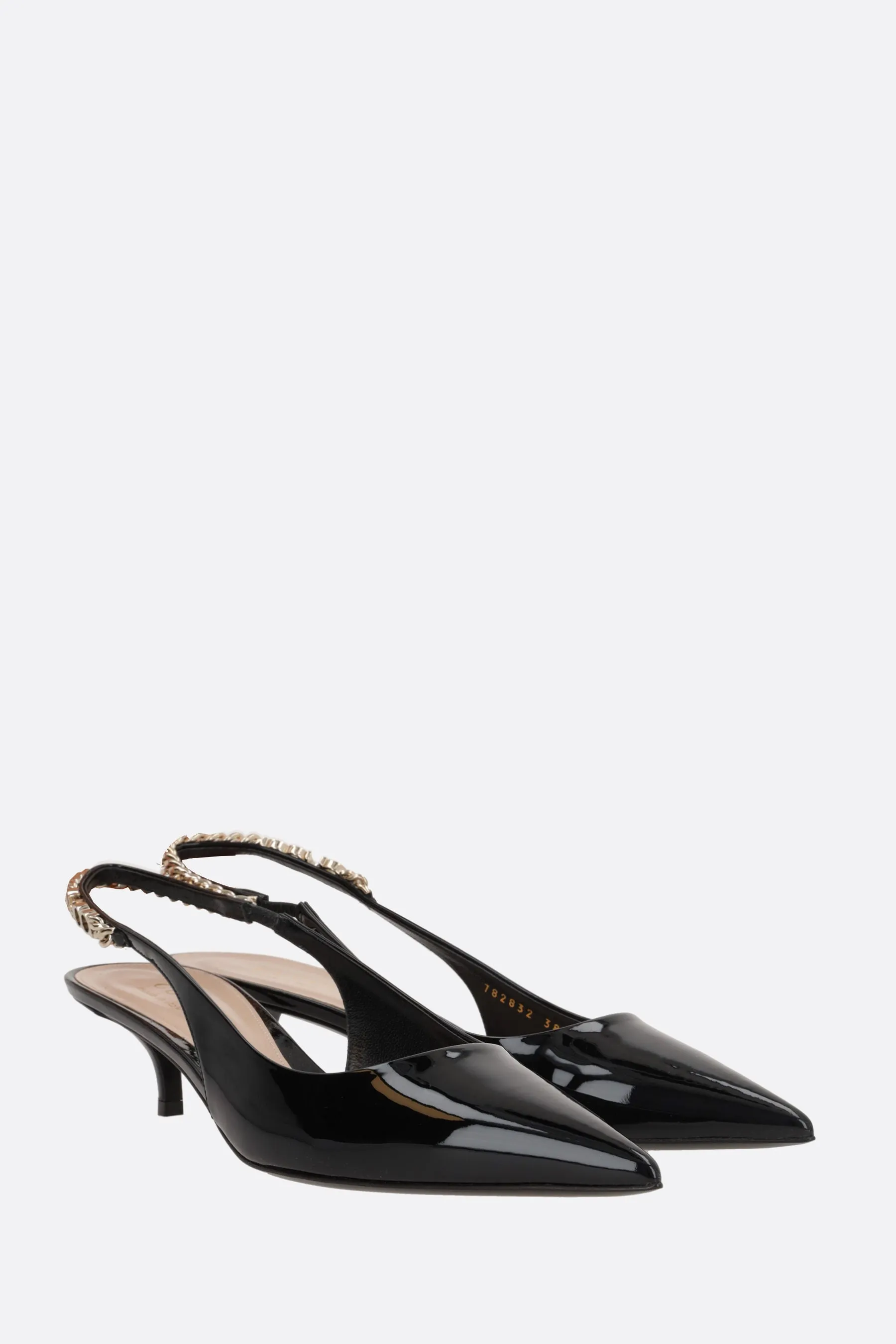 Patent Chain-Detail Leather Slingbacks