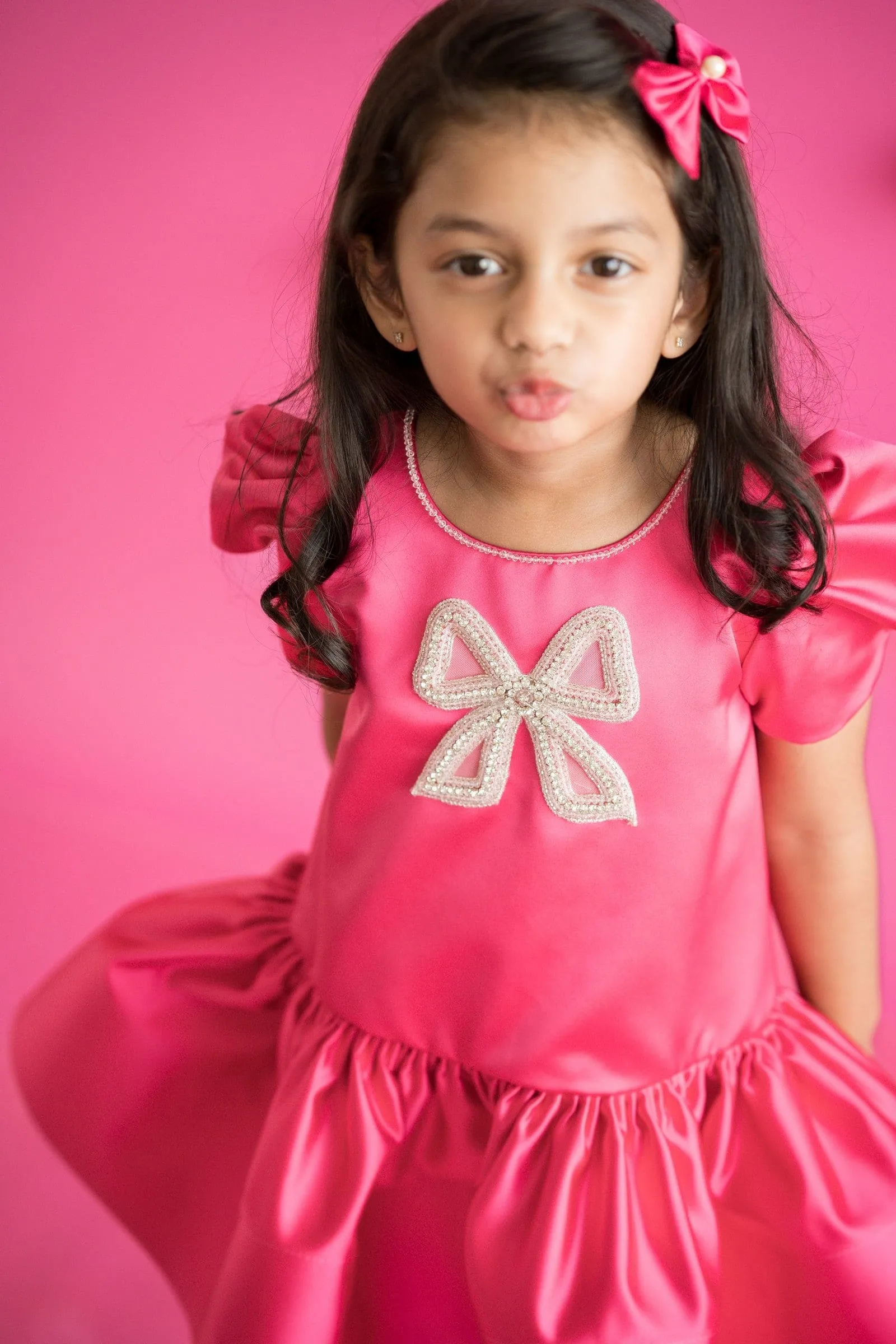 Pre-Order: Luxurious Bridal Satin Dress-Bright Pink