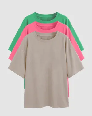 Set Of Three: Loose Fit Crew-Neck Drop Shoulder T-Shirt In Grey, Light Pink And Green