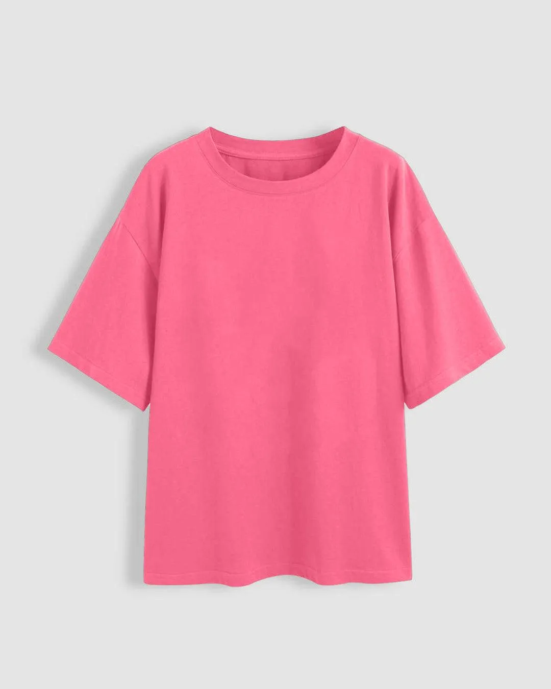 Set Of Three: Loose Fit Crew-Neck Drop Shoulder T-Shirt In Grey, Light Pink And Green
