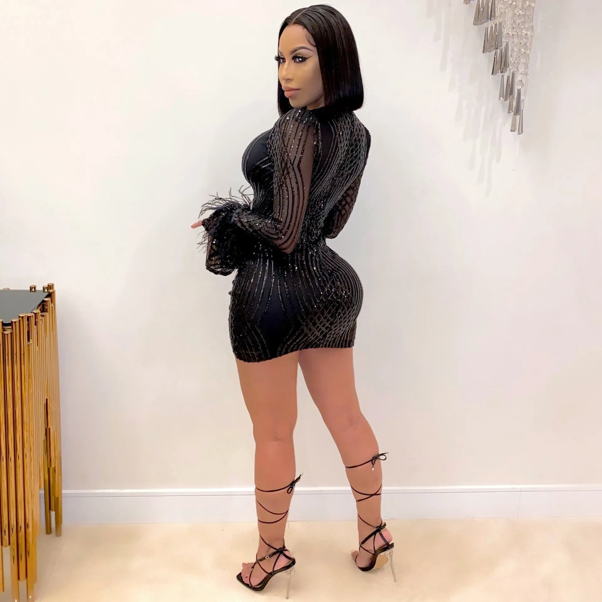 Sexy Women’s Luxurious Sequin V-neck Mini Bodycon Dress