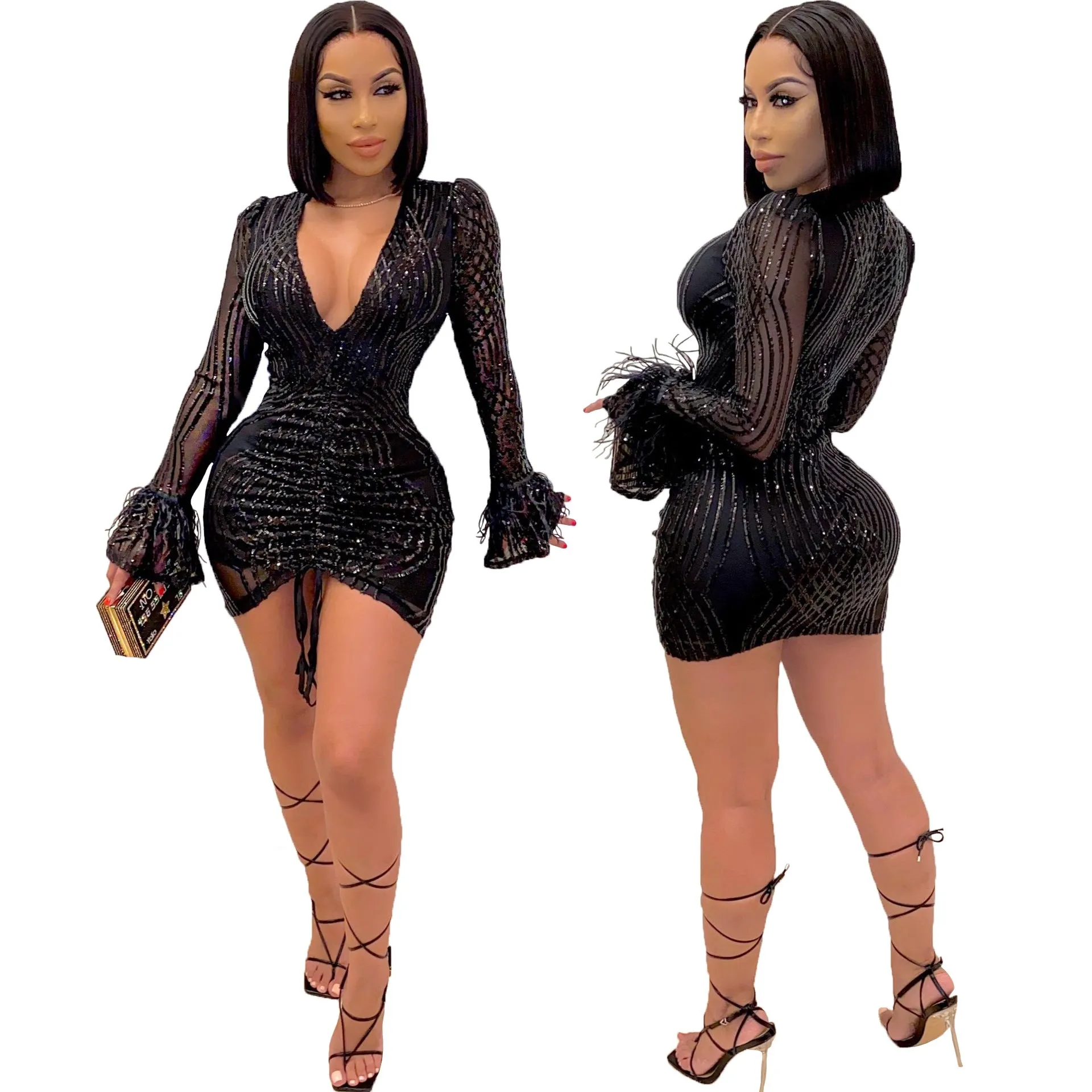Sexy Women’s Luxurious Sequin V-neck Mini Bodycon Dress