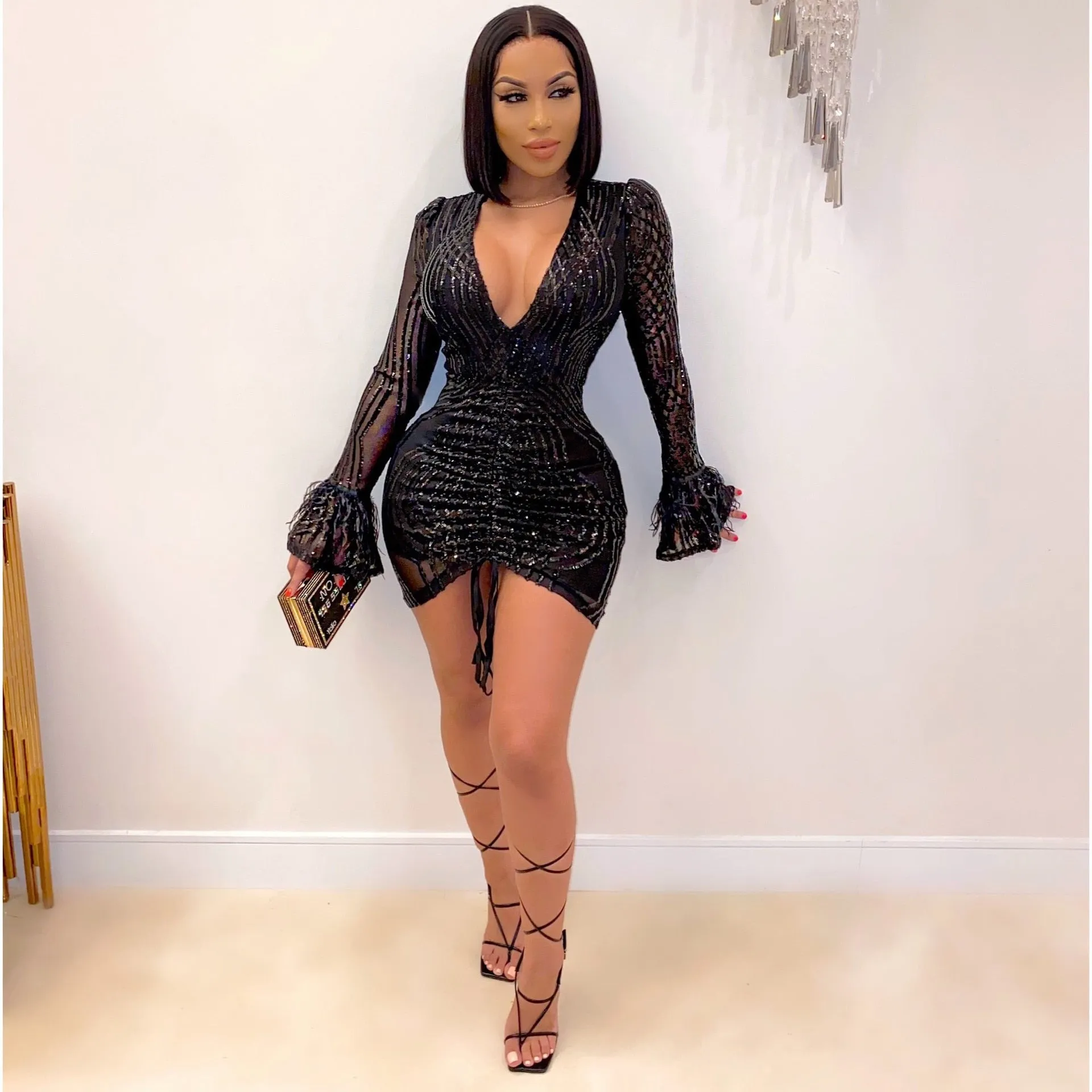 Sexy Women’s Luxurious Sequin V-neck Mini Bodycon Dress