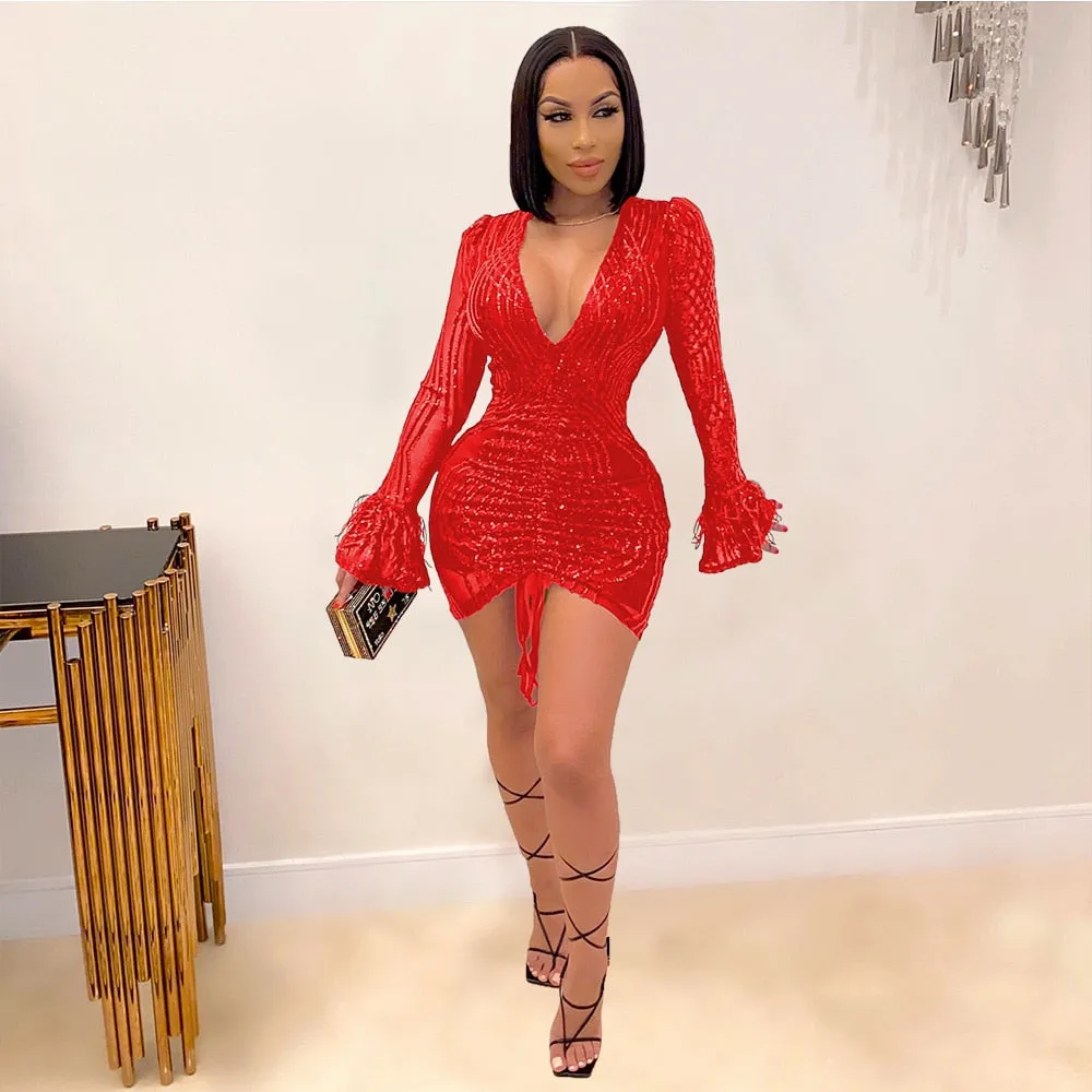 Sexy Women’s Luxurious Sequin V-neck Mini Bodycon Dress