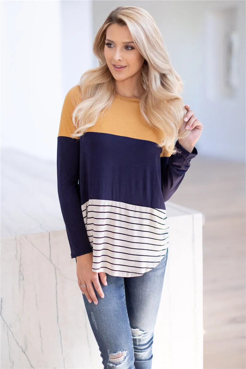Striped Patchwork Long Sleeves Round Neck T-shirt