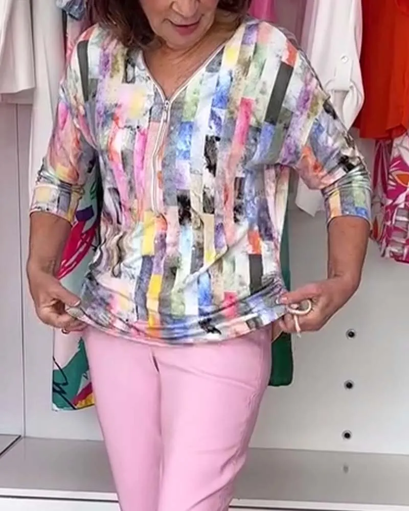 Three-quarter sleeve colorful printed blouse
