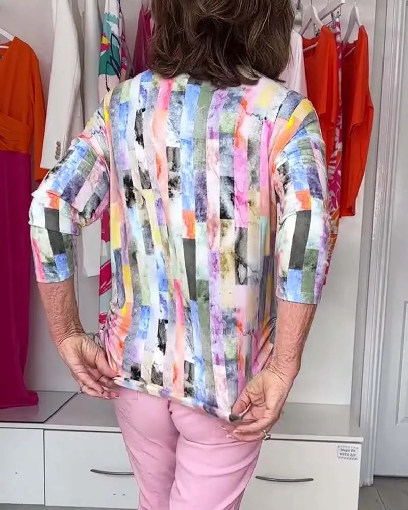 Three-quarter sleeve colorful printed blouse