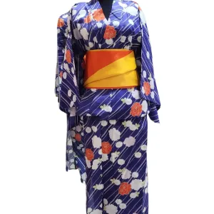 Women's Yukata - Dark purple with lines and flowers