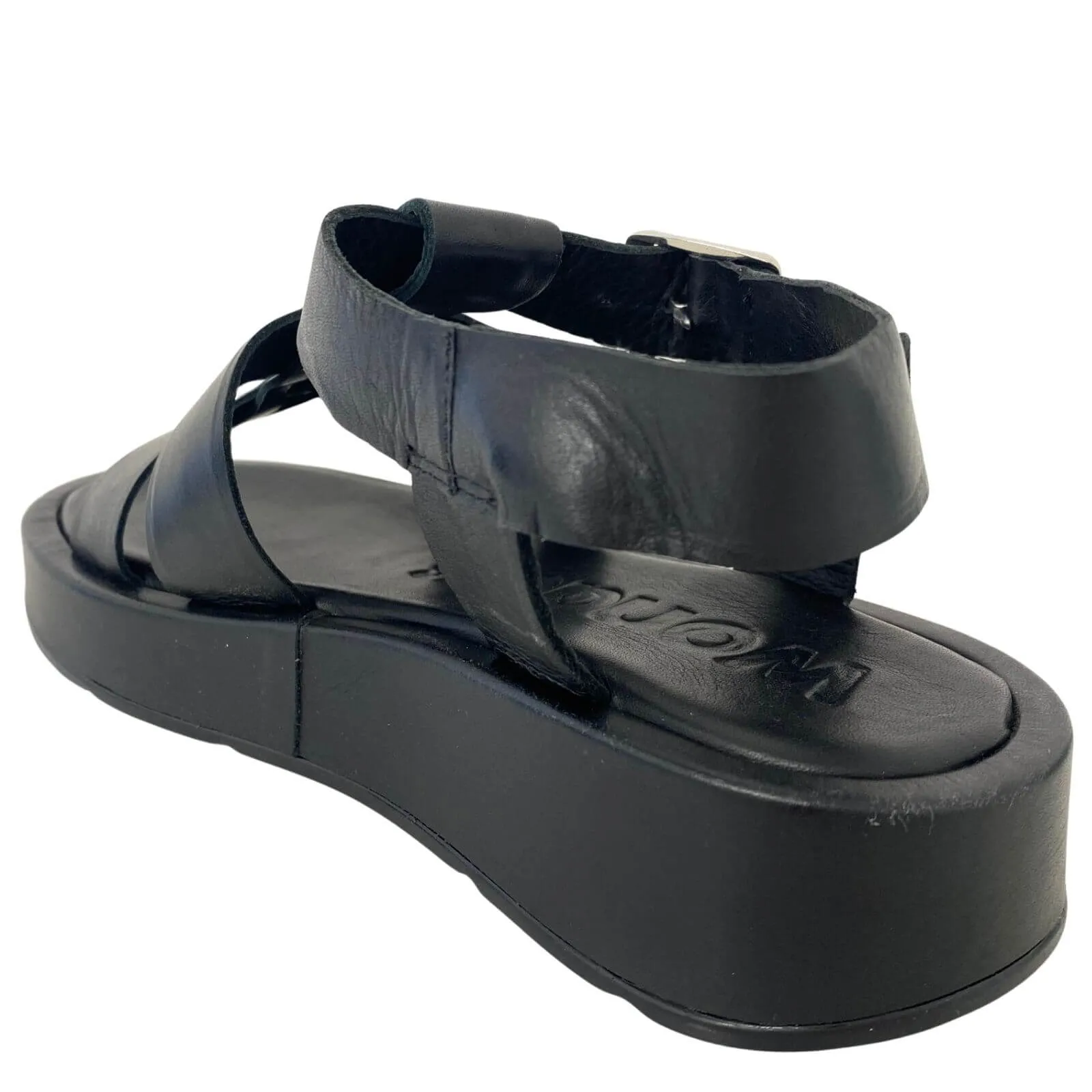 Wonders Black Leather Gladiator Flat Sandals