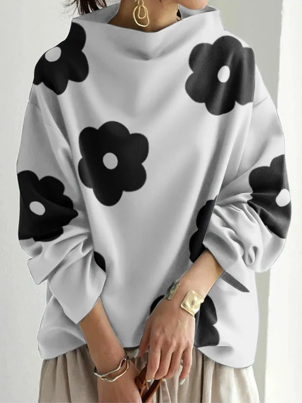 xakxx Long Sleeves Loose Contrast Color Printed Stand Collar T-Shirts