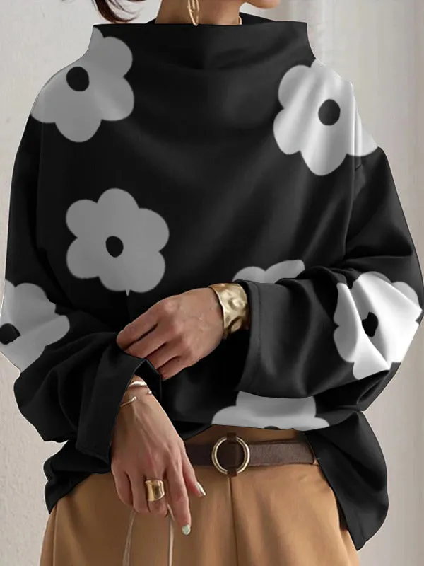 xakxx Long Sleeves Loose Contrast Color Printed Stand Collar T-Shirts