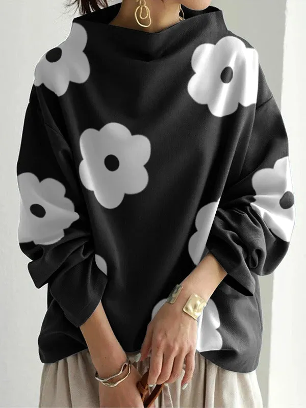xakxx Long Sleeves Loose Contrast Color Printed Stand Collar T-Shirts