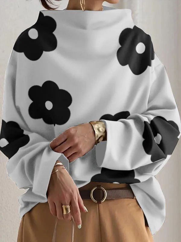xakxx Long Sleeves Loose Contrast Color Printed Stand Collar T-Shirts